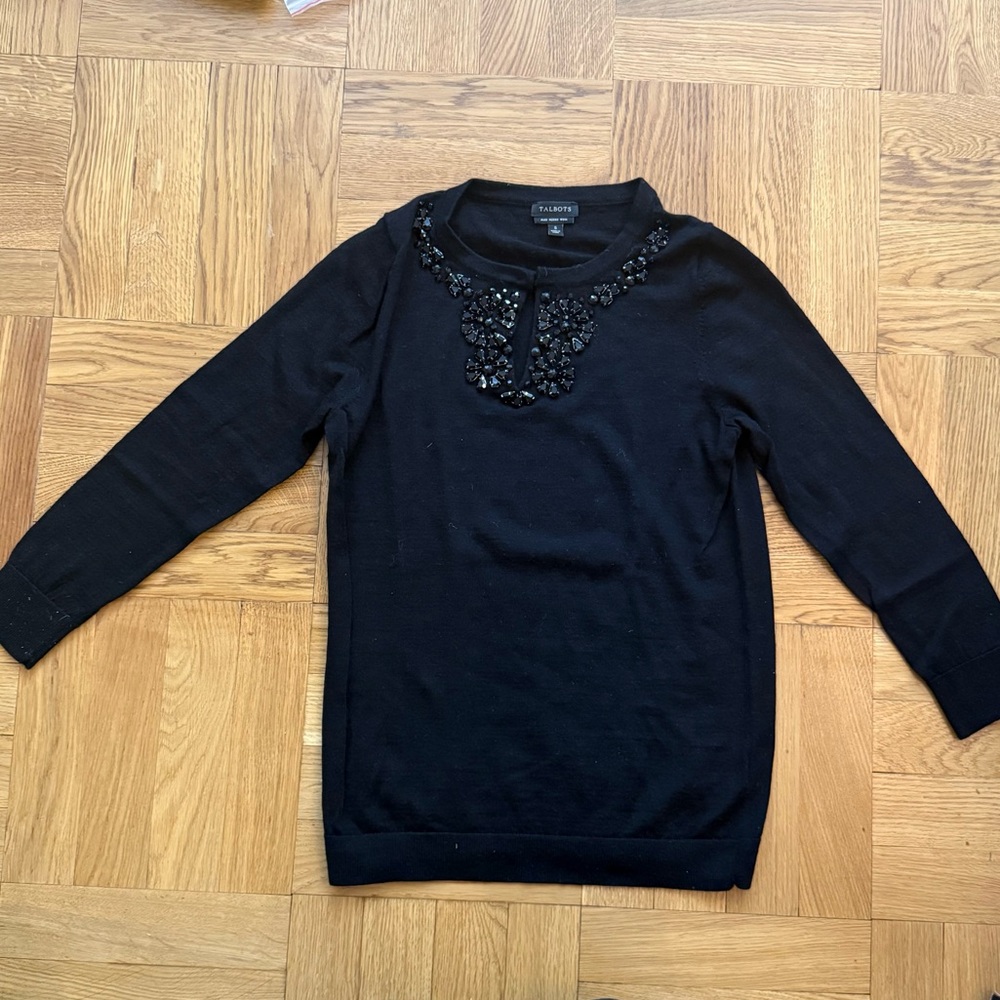 Talbots Merino Wool Jewel Neck Embellished Black Sweater Small
